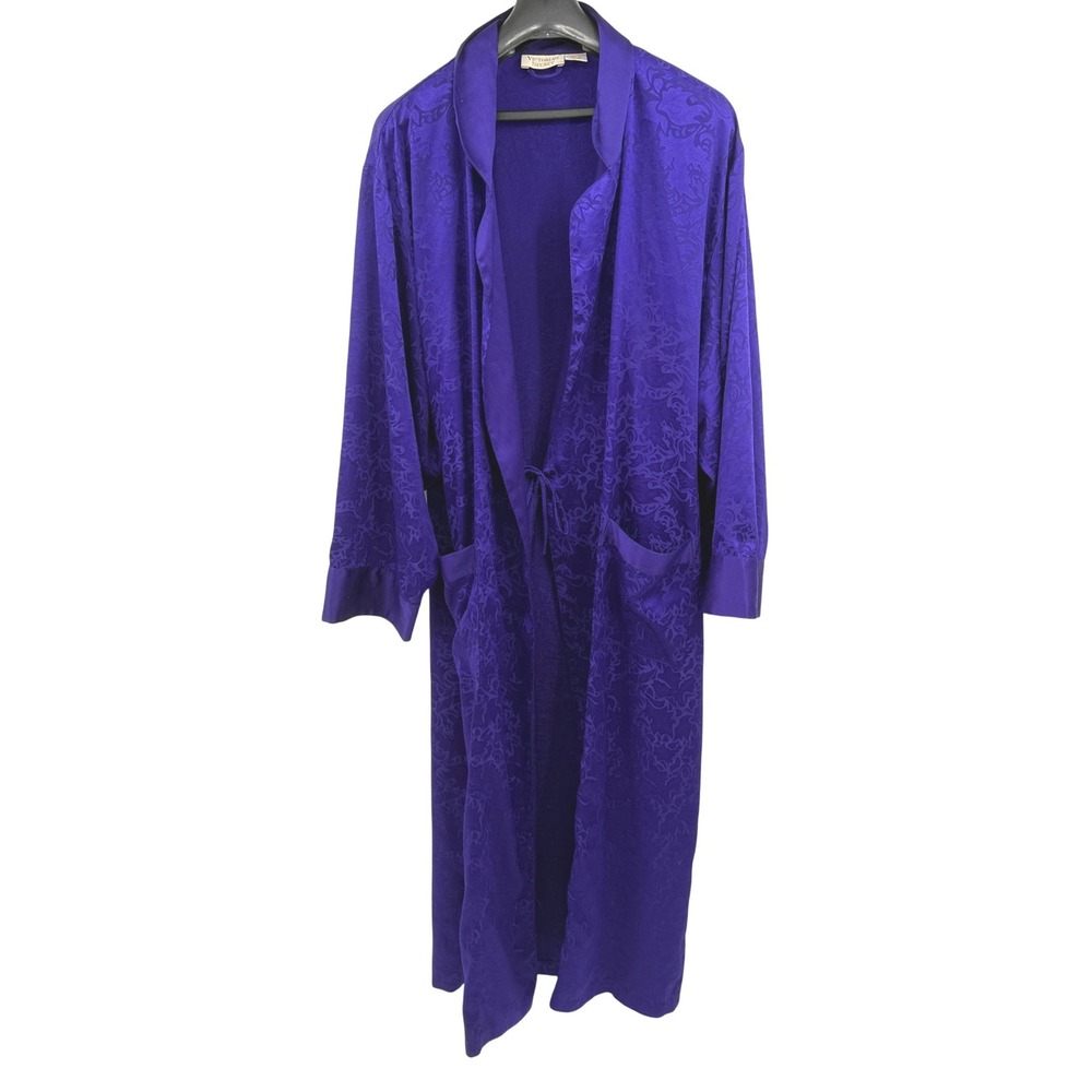 Victoria's Secret Vintage Purple Jacquard Long Robe Large Satin Trim Pockets